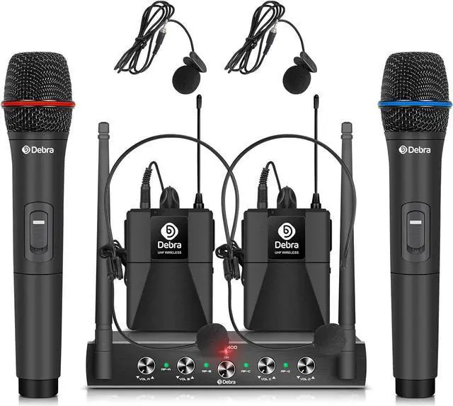Main image of AU400 Pro UHF 4 Channel Wireless Microphone System with Cordless Handheld Lavalier Headset Mics, Metal Receiver, Ideal for Karaoke Church Party (with 4 Bodypack (B))