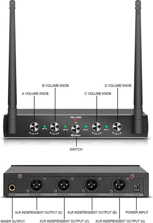 Alt view image 2 of 7 - AU400 Pro UHF 4 Channel Wireless Microphone System with Cordless Handheld Lavalier Headset Mics, Metal Receiver, Ideal for Karaoke Church Party (with 4 Bodypack (B))
