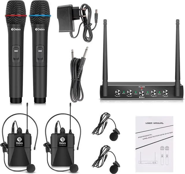 Alt view image 6 of 7 - AU400 Pro UHF 4 Channel Wireless Microphone System with Cordless Handheld Lavalier Headset Mics, Metal Receiver, Ideal for Karaoke Church Party (with 4 Bodypack (B))