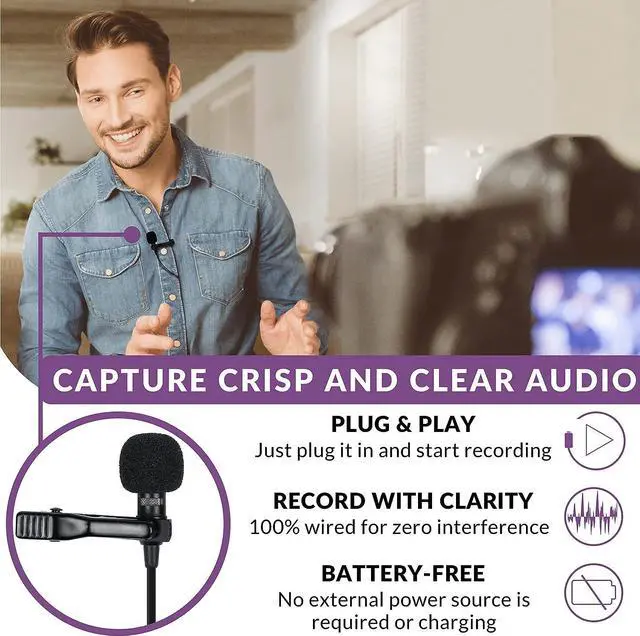 Alt view image 2 of 7 - Purple Panda Lavalier Microphone Kit  Clip-On Lapel Mic for Motovlog, Creators & Vlogging  GoPro, DJI & Insta360 Action Cameras, iPhone, Android, iPad, DSLR, Zoom/Tascam, PS5  Omnidirectional