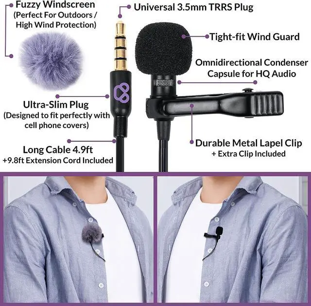 Alt view image 3 of 7 - Purple Panda Lavalier Microphone Kit  Clip-On Lapel Mic for Motovlog, Creators & Vlogging  GoPro, DJI & Insta360 Action Cameras, iPhone, Android, iPad, DSLR, Zoom/Tascam, PS5  Omnidirectional