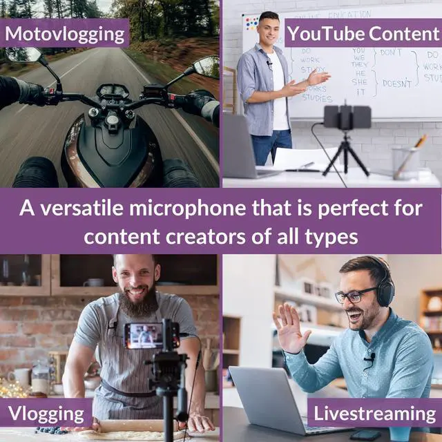 Alt view image 5 of 7 - Purple Panda Lavalier Microphone Kit  Clip-On Lapel Mic for Motovlog, Creators & Vlogging  GoPro, DJI & Insta360 Action Cameras, iPhone, Android, iPad, DSLR, Zoom/Tascam, PS5  Omnidirectional