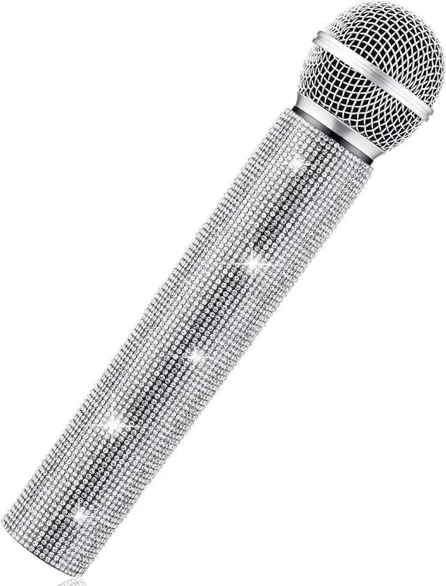 Main image of Fake Microphone Prop Sparkly Bling Rhinestones Microphone Prop Plastic Play Microphone Pretend Glitter Bedazzled Microphones for Disco Stage Living Broadcast Live Streaming Party(Silver)