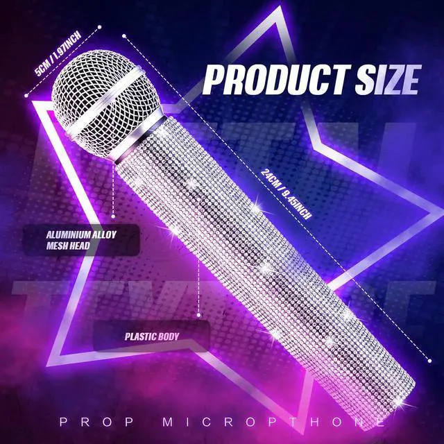 Alt view image 2 of 6 - Fake Microphone Prop Sparkly Bling Rhinestones Microphone Prop Plastic Play Microphone Pretend Glitter Bedazzled Microphones for Disco Stage Living Broadcast Live Streaming Party(Silver)