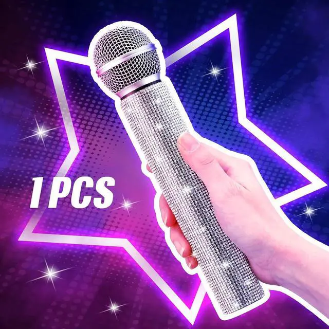 Alt view image 3 of 6 - Fake Microphone Prop Sparkly Bling Rhinestones Microphone Prop Plastic Play Microphone Pretend Glitter Bedazzled Microphones for Disco Stage Living Broadcast Live Streaming Party(Silver)