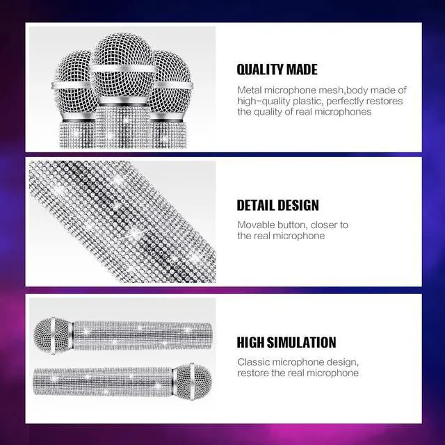 Alt view image 5 of 6 - Fake Microphone Prop Sparkly Bling Rhinestones Microphone Prop Plastic Play Microphone Pretend Glitter Bedazzled Microphones for Disco Stage Living Broadcast Live Streaming Party(Silver)