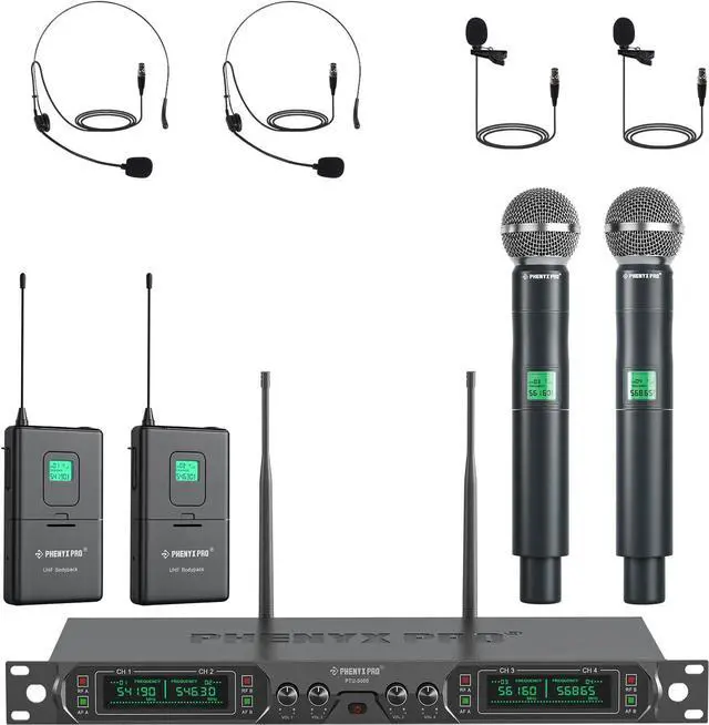Main image of Phenyx Pro Wireless Microphone System, 4-Channel UHF Wireless Mic Set with Handheld/Bodypack/Headset/Lapel Mics, Fixed Frequency Metal Cordless Microphone for Church,Singing,DJ(PTU-5000-2H2B)