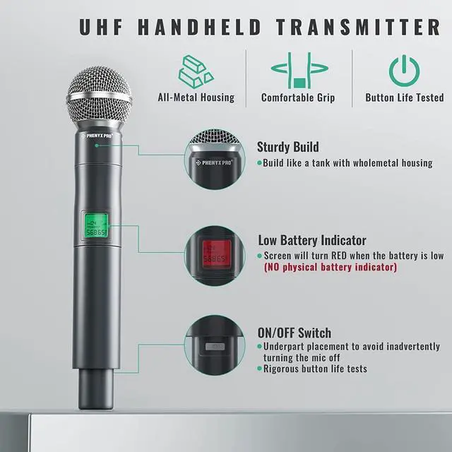 Alt view image 4 of 6 - Phenyx Pro Wireless Microphone System, 4-Channel UHF Wireless Mic Set with Handheld/Bodypack/Headset/Lapel Mics, Fixed Frequency Metal Cordless Microphone for Church,Singing,DJ(PTU-5000-2H2B)