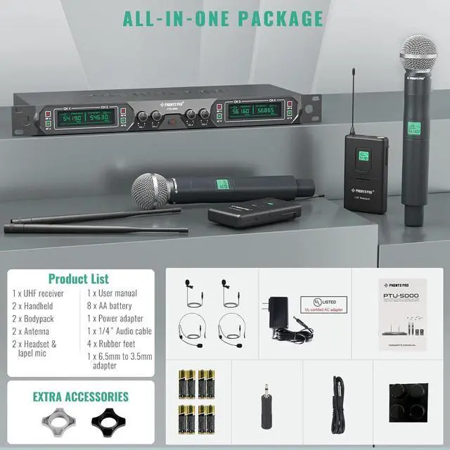 Alt view image 6 of 6 - Phenyx Pro Wireless Microphone System, 4-Channel UHF Wireless Mic Set with Handheld/Bodypack/Headset/Lapel Mics, Fixed Frequency Metal Cordless Microphone for Church,Singing,DJ(PTU-5000-2H2B)