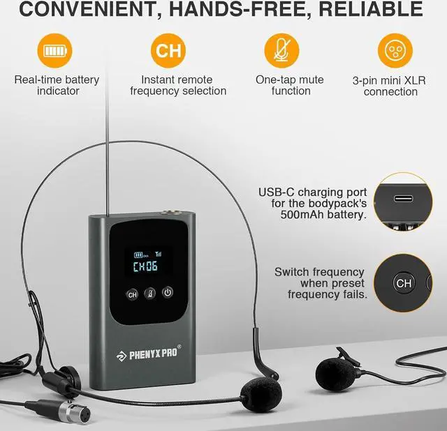 Alt view image 4 of 6 - Phenyx Pro Dual Digital Wireless Microphone System, w/Handheld Dynamic Microphone, Bodypack Transmitter, Mini Receiver, 2x15 UHF Frequencies, Headset/Lapel Microphone for Singing (PDP-2-1H1B)