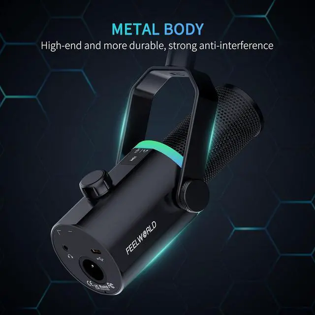 Alt view image 7 of 7 - FEELWORLD PM1 XLR USB Dynamic Microphone for Podcast Recording PC Computer Gaming Live Streaming Vocal Voice-Over, Studio Metal Mic with Voice-Isolating, RGB Light, Mute Button, Headphones Jack