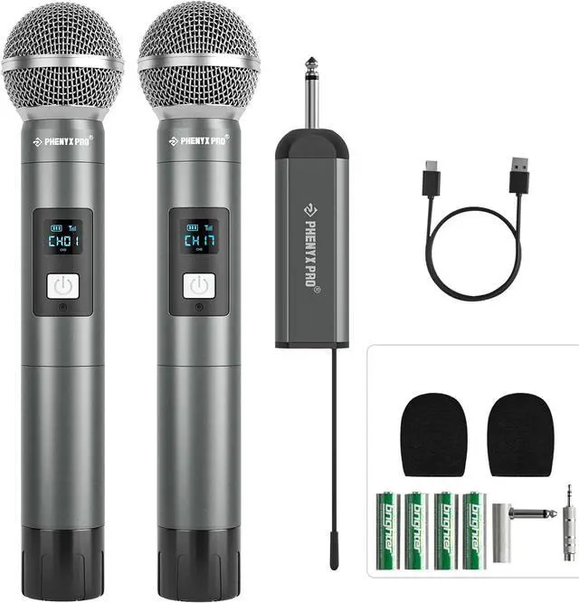 Main image of Phenyx Pro Dual Digital Wireless Microphone System, w/2 Handheld Dynamic Microphones,15 UHF Frequency Groups, Mini Receiver, Metal Cordless Microphone for ,Church,DJ,Singing (PDP-2-2H)