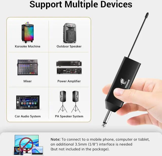 Alt view image 5 of 7 - UHF Wireless Microphone System with Headset Mic/Lavalier Lapel Mic, Bodypack Transmitter, Rechargeable Receiver, 15 Channels 200ft Range 1/4" Output for Recording Live Performance PA Speaker