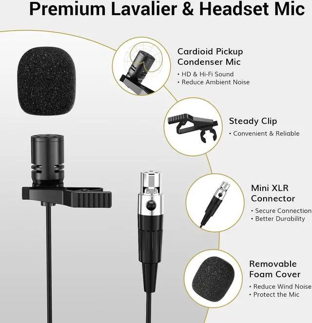 Alt view image 6 of 7 - UHF Wireless Microphone System with Headset Mic/Lavalier Lapel Mic, Bodypack Transmitter, Rechargeable Receiver, 15 Channels 200ft Range 1/4" Output for Recording Live Performance PA Speaker