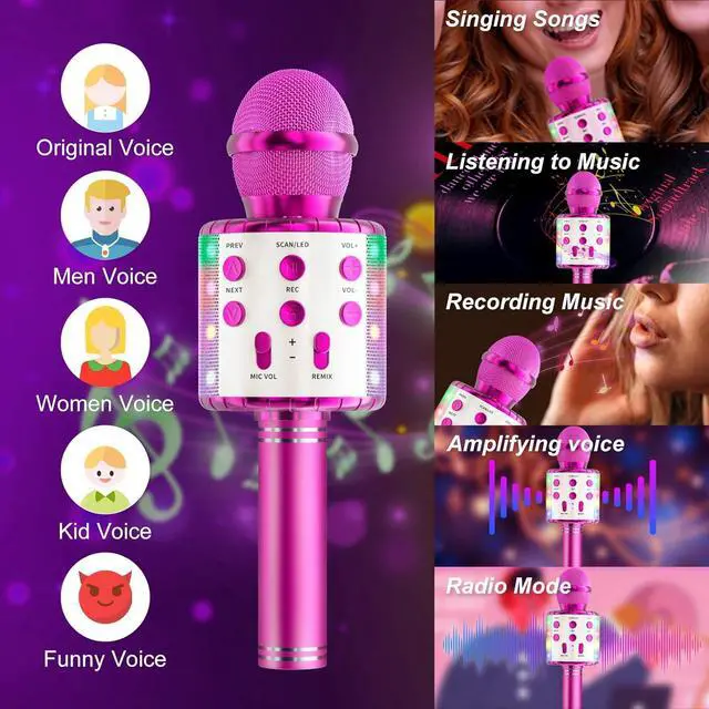 Alt view image 3 of 7 - Microphone Wireless Bluetooth  Microphone for Kids,Singing Microphone with LED Lights  Machine Portable Mic Player Recorder Party Birthday Toys for 4-14 Year Old Girls Boys(Rose Red)