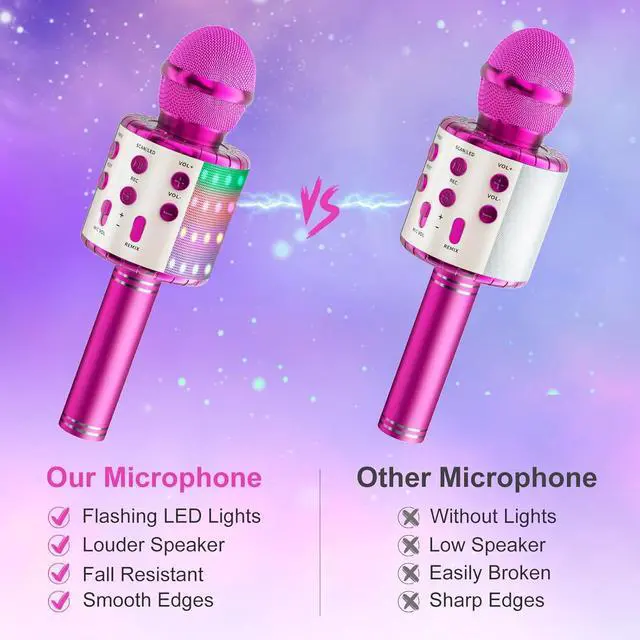 Alt view image 4 of 7 - Microphone Wireless Bluetooth  Microphone for Kids,Singing Microphone with LED Lights  Machine Portable Mic Player Recorder Party Birthday Toys for 4-14 Year Old Girls Boys(Rose Red)