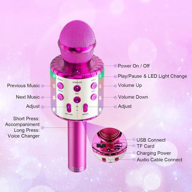 Alt view image 7 of 7 - Microphone Wireless Bluetooth  Microphone for Kids,Singing Microphone with LED Lights  Machine Portable Mic Player Recorder Party Birthday Toys for 4-14 Year Old Girls Boys(Rose Red)