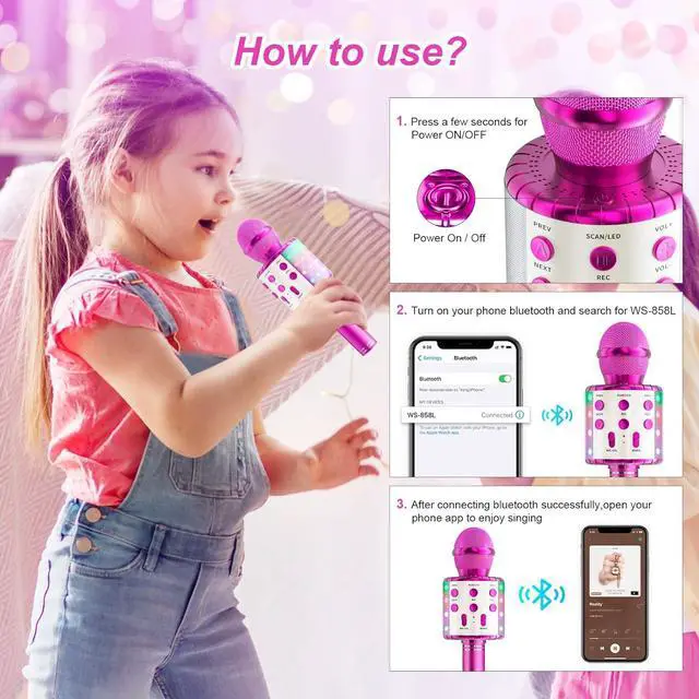 Alt view image 6 of 7 - Microphone Wireless Bluetooth  Microphone for Kids,Singing Microphone with LED Lights  Machine Portable Mic Player Recorder Party Birthday Toys for 4-14 Year Old Girls Boys(Rose Red)