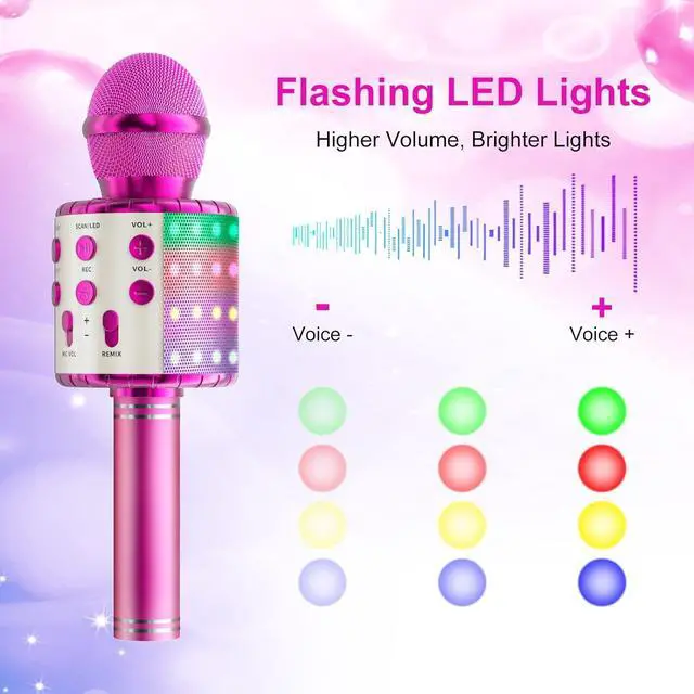 Alt view image 5 of 7 - Microphone Wireless Bluetooth  Microphone for Kids,Singing Microphone with LED Lights  Machine Portable Mic Player Recorder Party Birthday Toys for 4-14 Year Old Girls Boys(Rose Red)