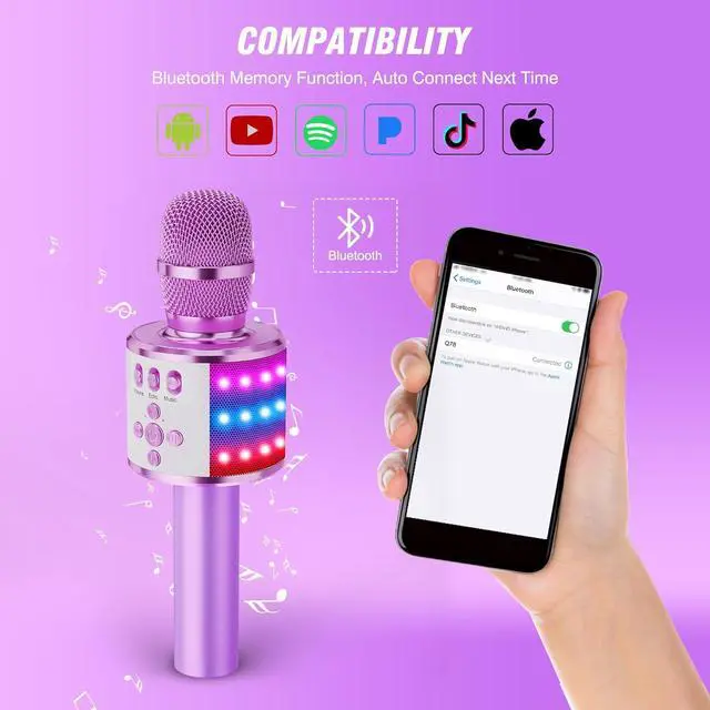 Alt view image 4 of 7 - Kids  Microphone Bluetooth Wireless Mic for Adults Singing Microphones with Speaker Disco Light Echo Sound Portable for Home Party Outdoor Gift Toys Q78(Light Purple)