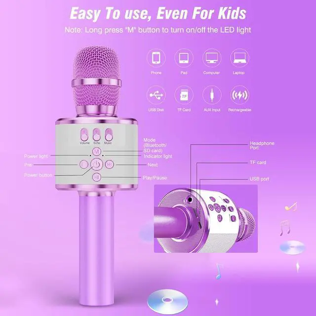 Alt view image 7 of 7 - Kids  Microphone Bluetooth Wireless Mic for Adults Singing Microphones with Speaker Disco Light Echo Sound Portable for Home Party Outdoor Gift Toys Q78(Light Purple)