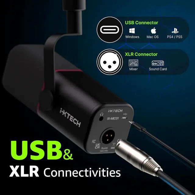 Alt view image 3 of 7 - IXTECH Cardioid Dynamic Microphone with Mic Cover, Vocal USB XLR Microphone for Podcasting, Streaming, Recording, Gaming and Voice-Over (Black)