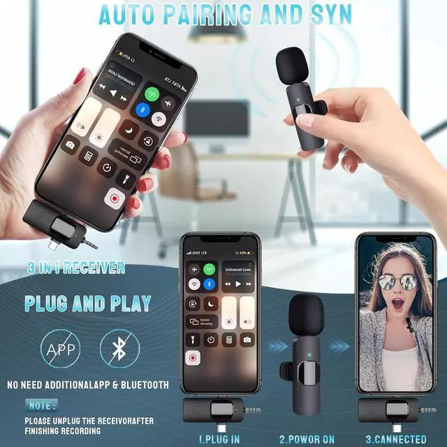 Alt view image 3 of 7 - Wireless Microphone for iPhone, Android, Camera, iPad, USB C Microphone, 3 in 1 Dual Professional Wireless Lavalier Mini Microphone, Plug-Play Wireless Mic for Video Recording,YouTube,TikTok