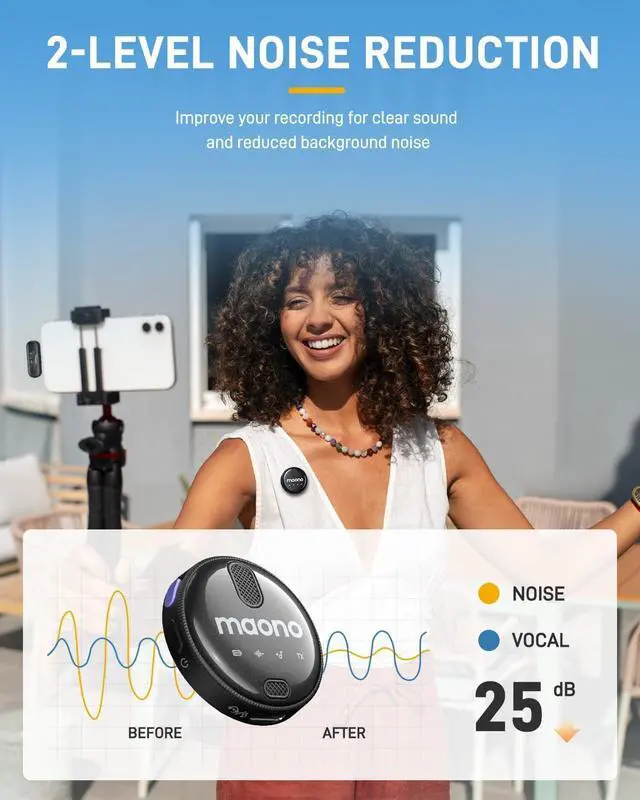 Alt view image 4 of 7 - MAONO Wireless Lavalier Microphone for iPhone 15 & Android, USB C Wireless Lapel Mic with 48kHz/16Bit, Noise Cancellation, 328ft Range, 18H Battery for YouTube, Vlogging, Video Recording, Streaming