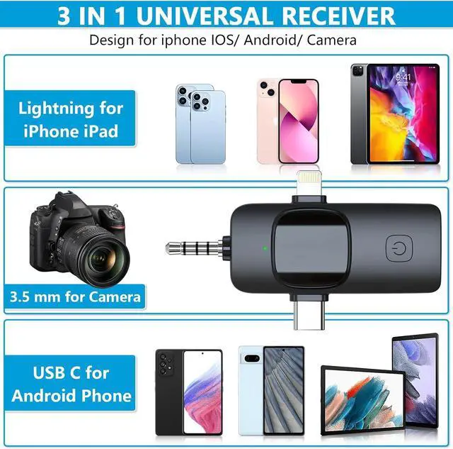 Alt view image 2 of 7 - 3 in 1 Wireless Microphone for iPhone Android Phone Camera, USB C Mini Microphone Plug-Play, Lavalier Microphone Clip on Lapel Mic for Video Recording, Interview, Vlog, YouTube, TikTok