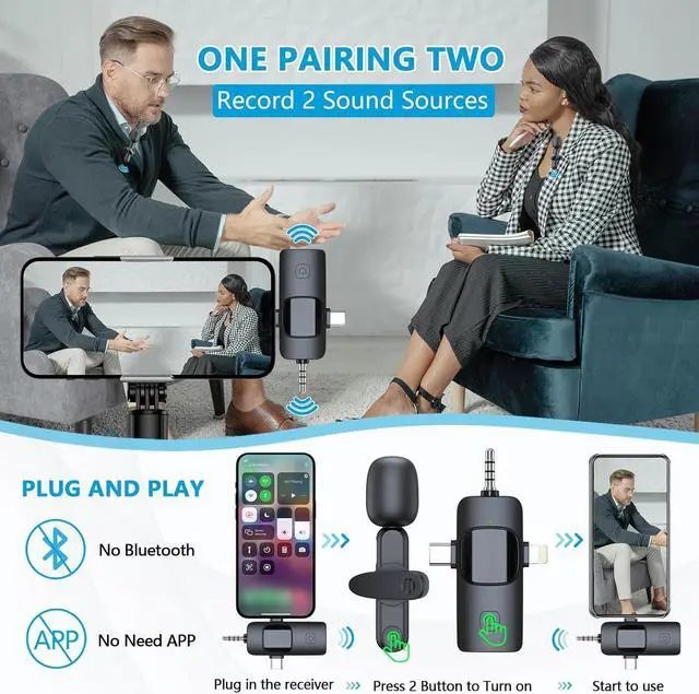 Alt view image 3 of 7 - 3 in 1 Wireless Microphone for iPhone Android Phone Camera, USB C Mini Microphone Plug-Play, Lavalier Microphone Clip on Lapel Mic for Video Recording, Interview, Vlog, YouTube, TikTok