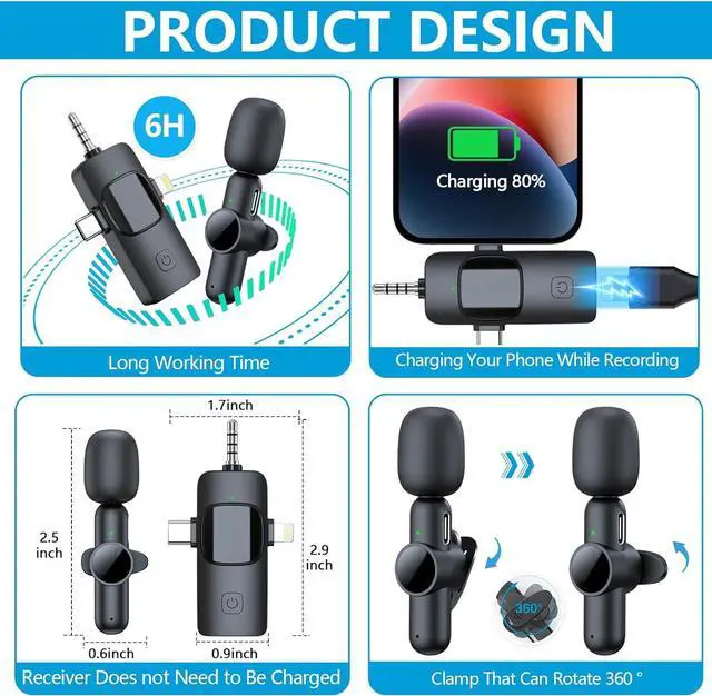 Alt view image 4 of 7 - 3 in 1 Wireless Microphone for iPhone Android Phone Camera, USB C Mini Microphone Plug-Play, Lavalier Microphone Clip on Lapel Mic for Video Recording, Interview, Vlog, YouTube, TikTok