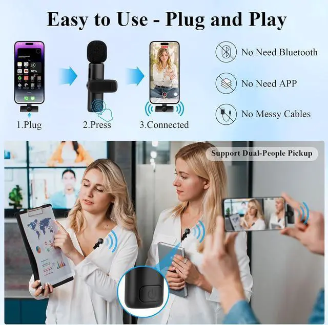 Alt view image 5 of 7 - 2 Pack Type C Mini Wireless Lavalier Microphone for iPhone 15 & Android Devices, Crystal Clear Sound Quality with Noise Reduction Lapel Microphone Plug-Play for Podcast Vlog YouTube TikTok
