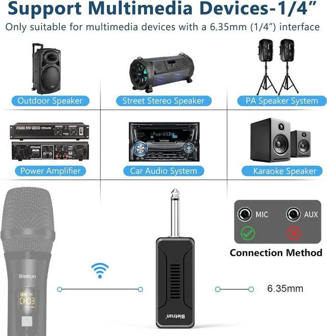 Alt view image 6 of 7 - Bietrun UHF Wireless Microphone Receiver WXM02/WXM04, Rechargeable 720mAh Battery, 160 ft Range, 1/4" Output for Karaoke, PA System & Mixer