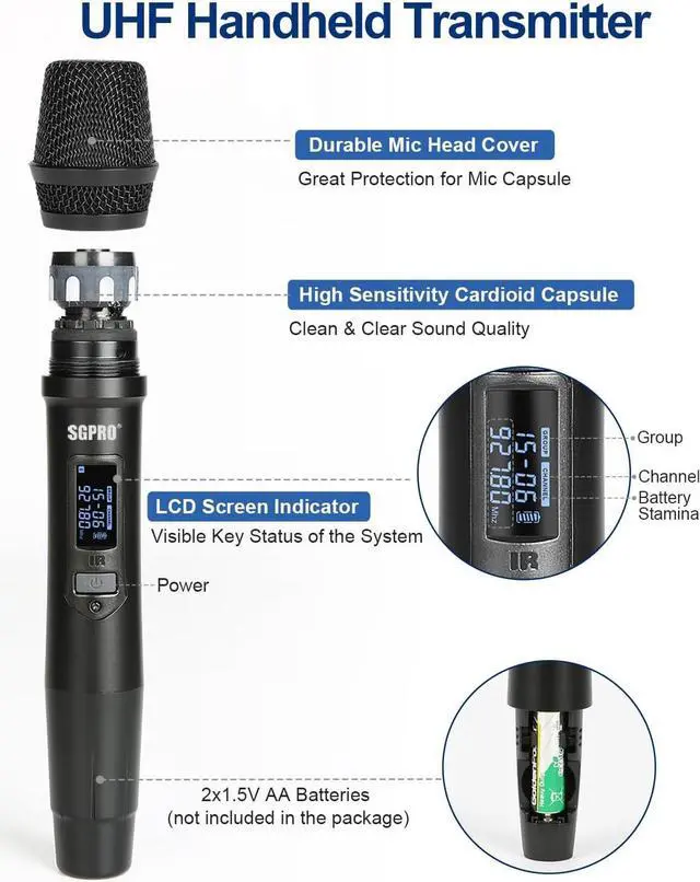 Alt view image 3 of 7 - Wireless Microphones for Singing and Speaking, Microfono Inalambrico Professional with Dual Cordless Handheld Mics for Stage, Live House, Classroom, or Church, Easy Operation and Great Sound