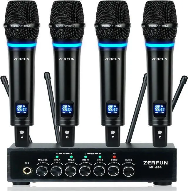 Main image of 4 Channel Rechargeable Wireless Microphone System, Pro UHF Metal Handheld Wireless Microphones Cordless Mics with Echo Bluetooth VOL Channel Control for  Singing Church(MU-898)