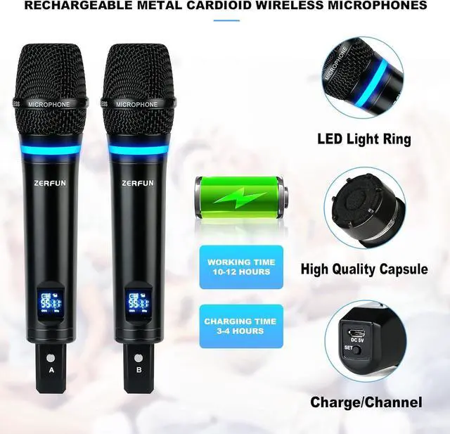 Alt view image 3 of 7 - 4 Channel Rechargeable Wireless Microphone System, Pro UHF Metal Handheld Wireless Microphones Cordless Mics with Echo Bluetooth VOL Channel Control for  Singing Church(MU-898)
