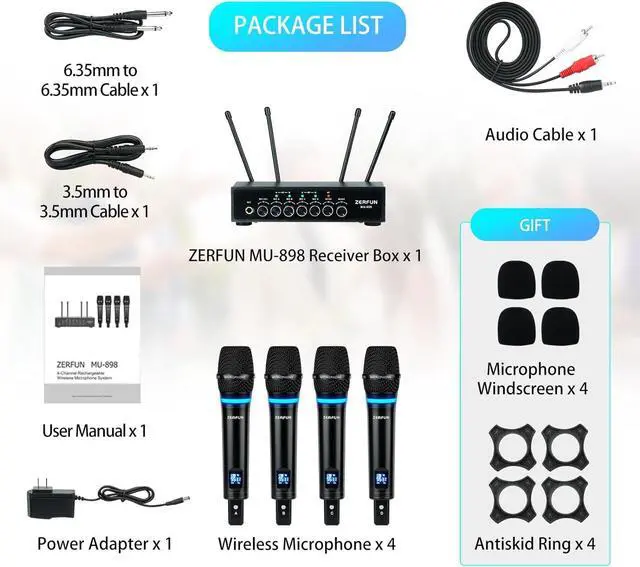 Alt view image 6 of 7 - 4 Channel Rechargeable Wireless Microphone System, Pro UHF Metal Handheld Wireless Microphones Cordless Mics with Echo Bluetooth VOL Channel Control for  Singing Church(MU-898)