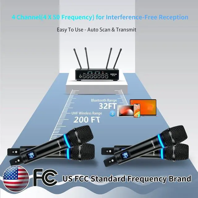 Alt view image 7 of 7 - 4 Channel Rechargeable Wireless Microphone System, Pro UHF Metal Handheld Wireless Microphones Cordless Mics with Echo Bluetooth VOL Channel Control for  Singing Church(MU-898)