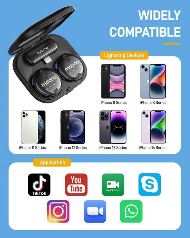 Alt view image 7 of 7 - MAONO Wireless Lavalier Microphone for iPhone iPad, Wireless Lapel Mic with 48KHz/16Bit, Noise Cancellation, 328ft Range, 18H Battery for TikTok, YouTube, Vlogging, Video Recording, Streaming