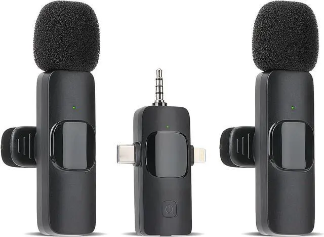 Main image of 2 Pack Wireless Lavalier Microphones for iPhone, iPad, Android.Mini microphone for recording live videos, Tiktok, YouTube and Facebook (3-in-1)