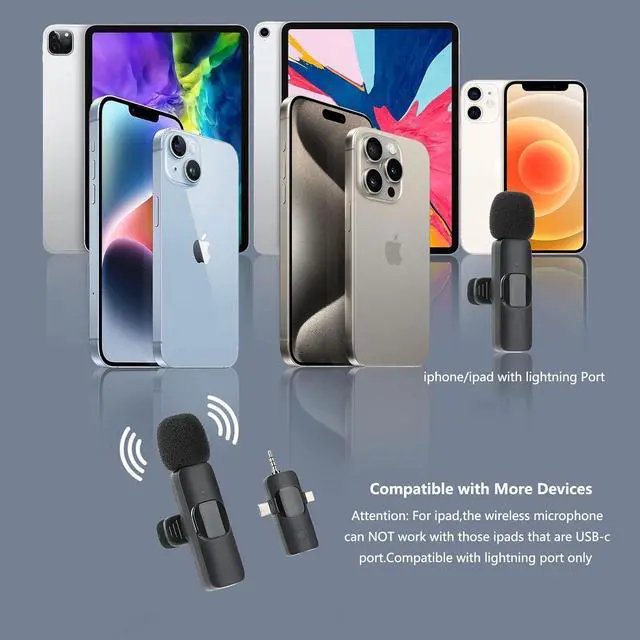 Alt view image 3 of 7 - 2 Pack Wireless Lavalier Microphones for iPhone, iPad, Android.Mini microphone for recording live videos, Tiktok, YouTube and Facebook (3-in-1)
