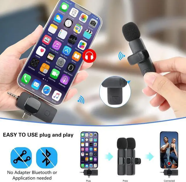 Alt view image 4 of 7 - 2 Pack Wireless Lavalier Microphones for iPhone, iPad, Android.Mini microphone for recording live videos, Tiktok, YouTube and Facebook (3-in-1)