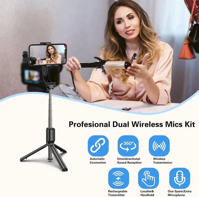 Alt view image 5 of 7 - 2 Pack Wireless Lavalier Microphones for iPhone, iPad, Android.Mini microphone for recording live videos, Tiktok, YouTube and Facebook (3-in-1)