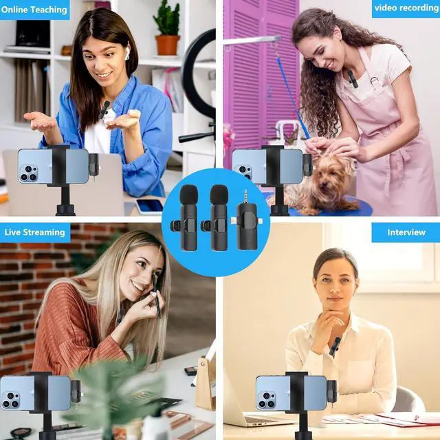 Alt view image 6 of 7 - 2 Pack Wireless Lavalier Microphones for iPhone, iPad, Android.Mini microphone for recording live videos, Tiktok, YouTube and Facebook (3-in-1)