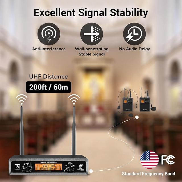 Alt view image 2 of 7 - UHF Wireless Microphones System with Headset/Lavalier Lapel Mics, Bodypack Transmitter, Receiver, 2*15 Channels, 200ft Range for Live Singing  Church Party DJ PA Speaker Mixer Recording