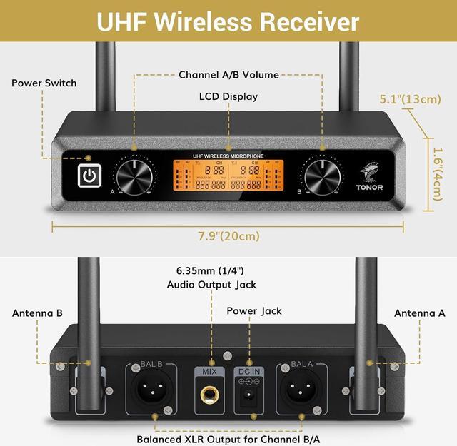 Alt view image 3 of 7 - UHF Wireless Microphones System with Headset/Lavalier Lapel Mics, Bodypack Transmitter, Receiver, 2*15 Channels, 200ft Range for Live Singing  Church Party DJ PA Speaker Mixer Recording