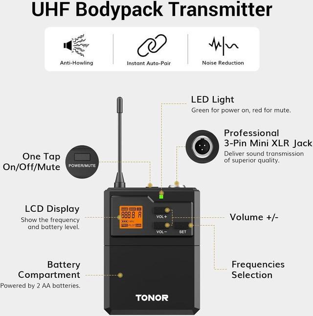 Alt view image 4 of 7 - UHF Wireless Microphones System with Headset/Lavalier Lapel Mics, Bodypack Transmitter, Receiver, 2*15 Channels, 200ft Range for Live Singing  Church Party DJ PA Speaker Mixer Recording