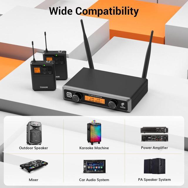 Alt view image 6 of 7 - UHF Wireless Microphones System with Headset/Lavalier Lapel Mics, Bodypack Transmitter, Receiver, 2*15 Channels, 200ft Range for Live Singing  Church Party DJ PA Speaker Mixer Recording