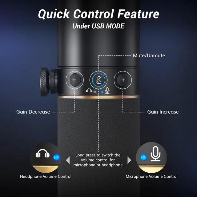 Alt view image 5 of 7 - TONOR Dynamic Podcast Microphone, XLR/USB Mic for Recording, Streaming, XLR Cardioid Studio Mic with Quick Mute, 3.5mm Jack, Volume Control, 200 cm/78inch Cable, with Desktop Stand, Black, TD520