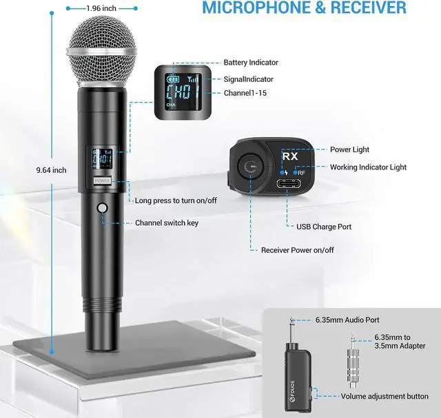 Alt view image 4 of 6 - FDUCE W30 Wireless Microphone,UHF Dynamic Handheld Microphone,Rechargeable Receiver with Volume Adjustment Button,for ,Singing,Family Party(200ft)